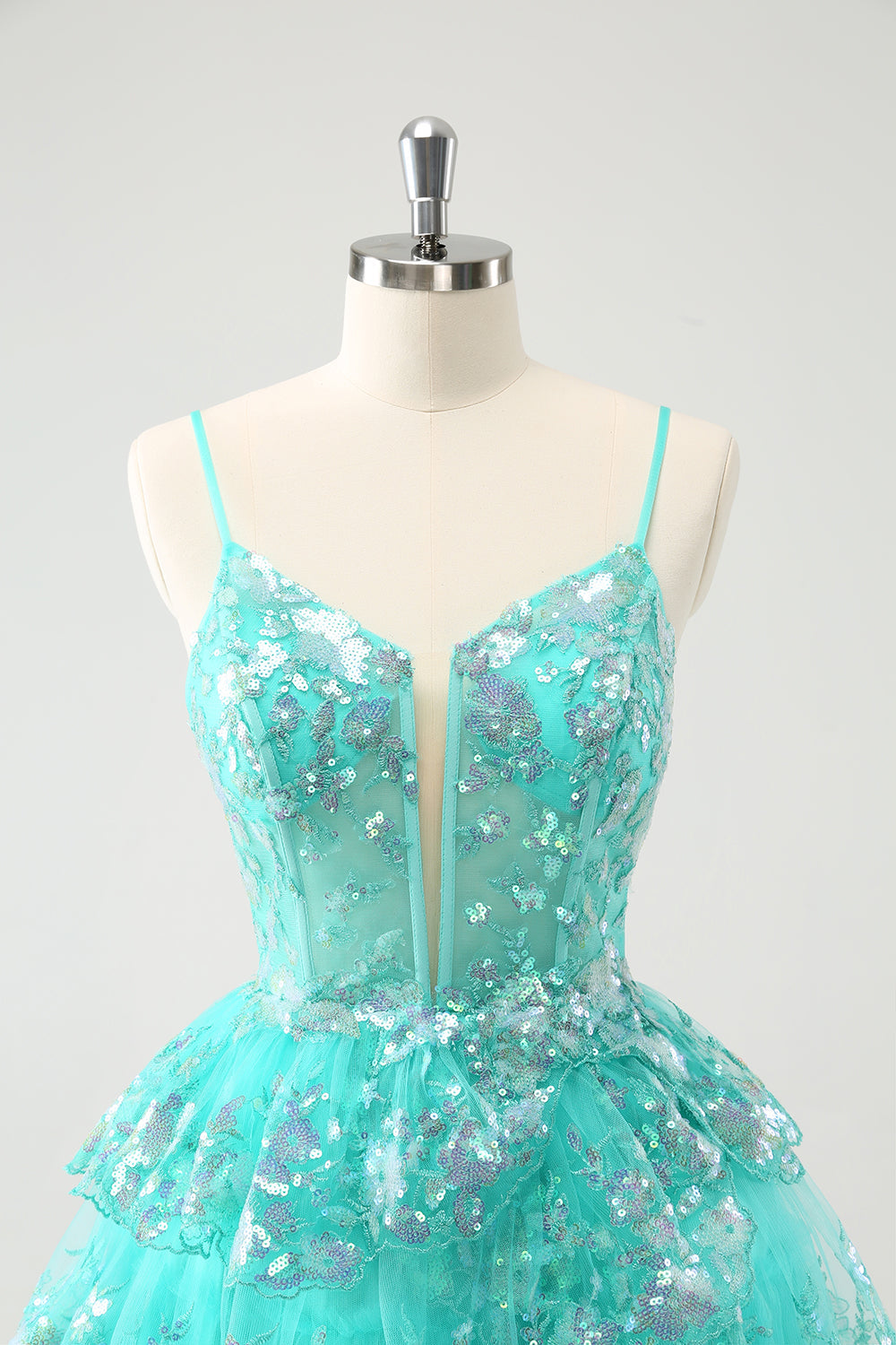 Luolandi Cute Sparkly Green A Line Spaghetti Straps Corset Tiered Short Homecoming Dress Sexy