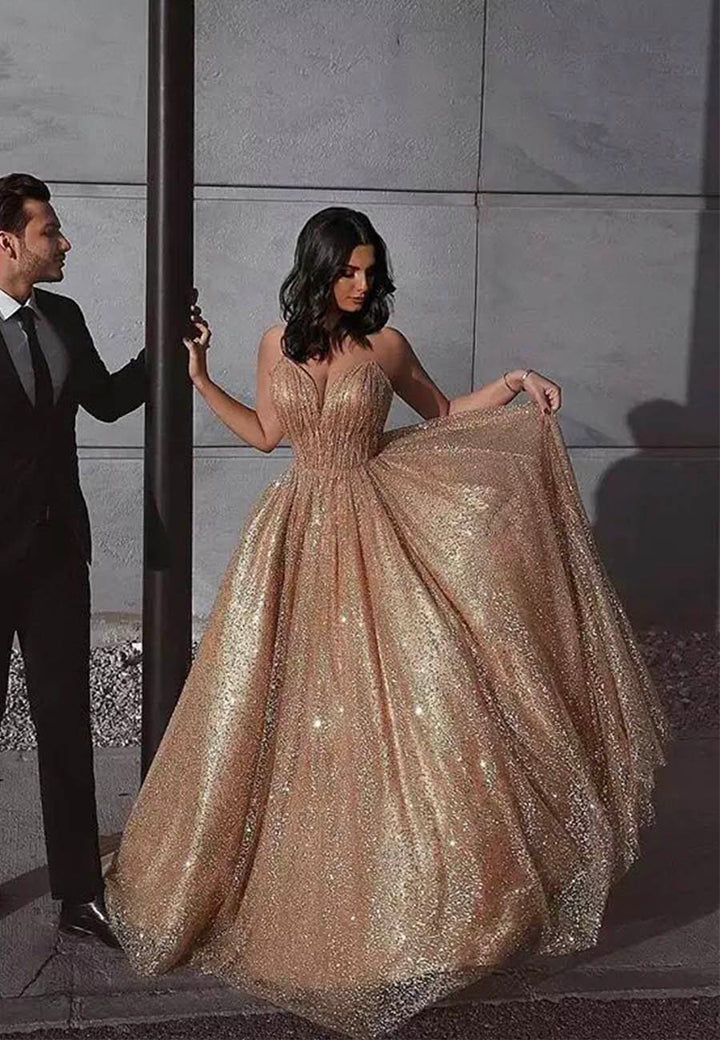 Luolandi Gold Sequins Long Prom Dresses Sparkly A-Line Evening Dresses Sparkly