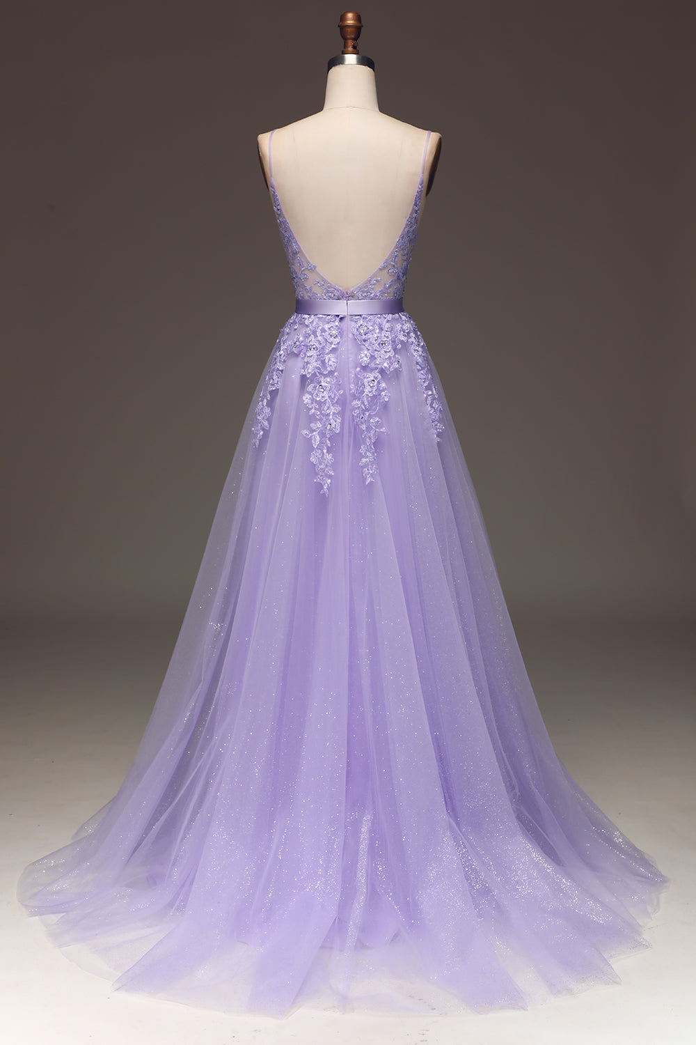 Luolandi Purple A-Line Spaghetti Straps Beaded and Tulle Prom Dress with Appliques Beautiful