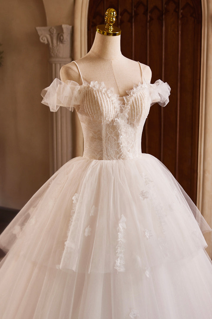 Luolandi A-Line Spaghetti Strap Lace Beaded Party Dress Light Champagne Floor Length Formal Wedding Dress