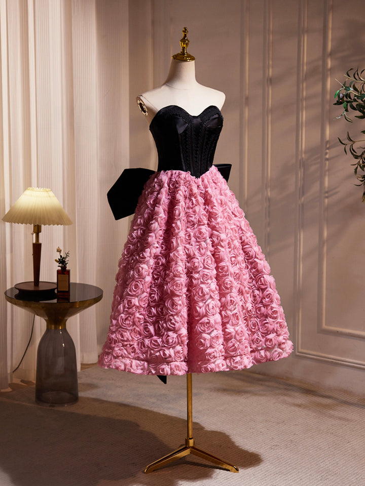 Luolandi Black Satin and Pink Ruffle Flower Short Prom Dress Lovely A-Line Strapless Bow Party Cocktail Dress Beautiful