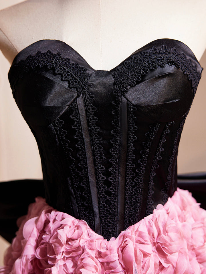 Luolandi Black Satin and Pink Ruffle Flower Short Prom Dress Lovely A-Line Strapless Bow Party Cocktail Dress Beautiful