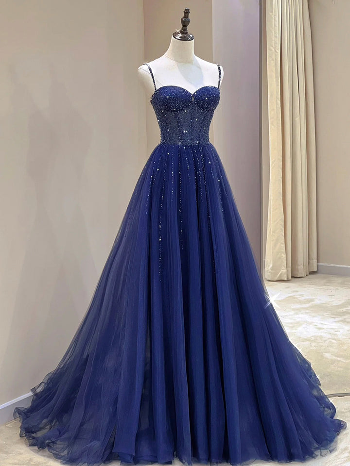 Luolandi Blue Spaghetti Straps Tulle Beaded Long Formal Dress A-Line Evening Dress with Corset