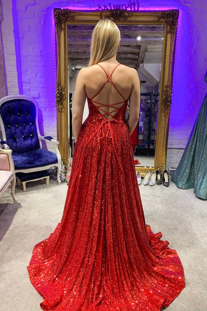 Luolandi Red V-Neck Sequins Long Prom Dresses A-Line Backless Evening Dresses Sparkly