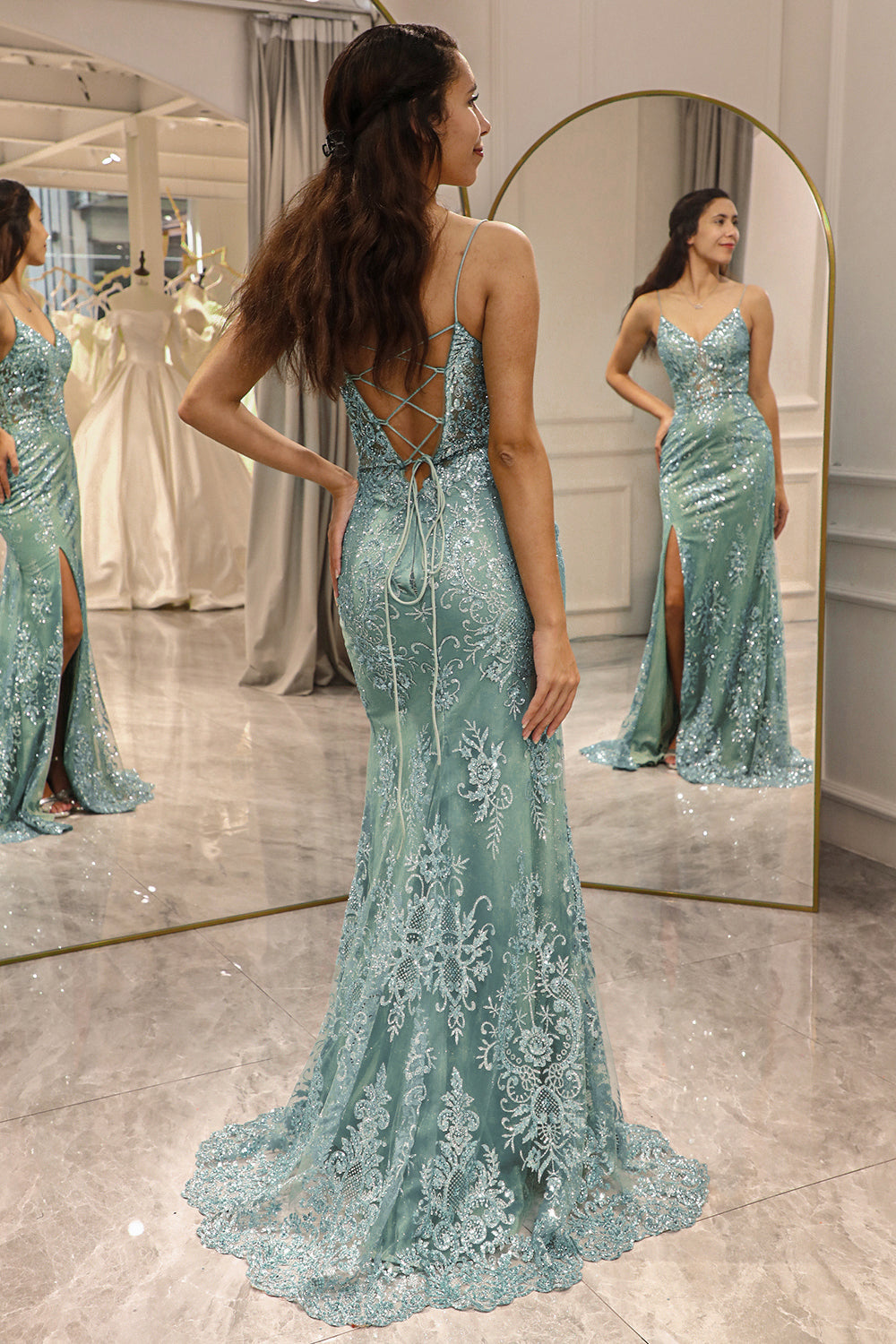 Luolandi Sparkly Green Mermaid Spaghetti Straps Long Prom Dress With Slit Sexy Evening Dresses