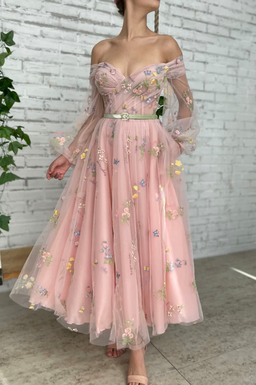 Luolandi Pink Lace Long Sleeve Prom Dres Cute A-Line Off the Shoulder Evening Dress With Flowers