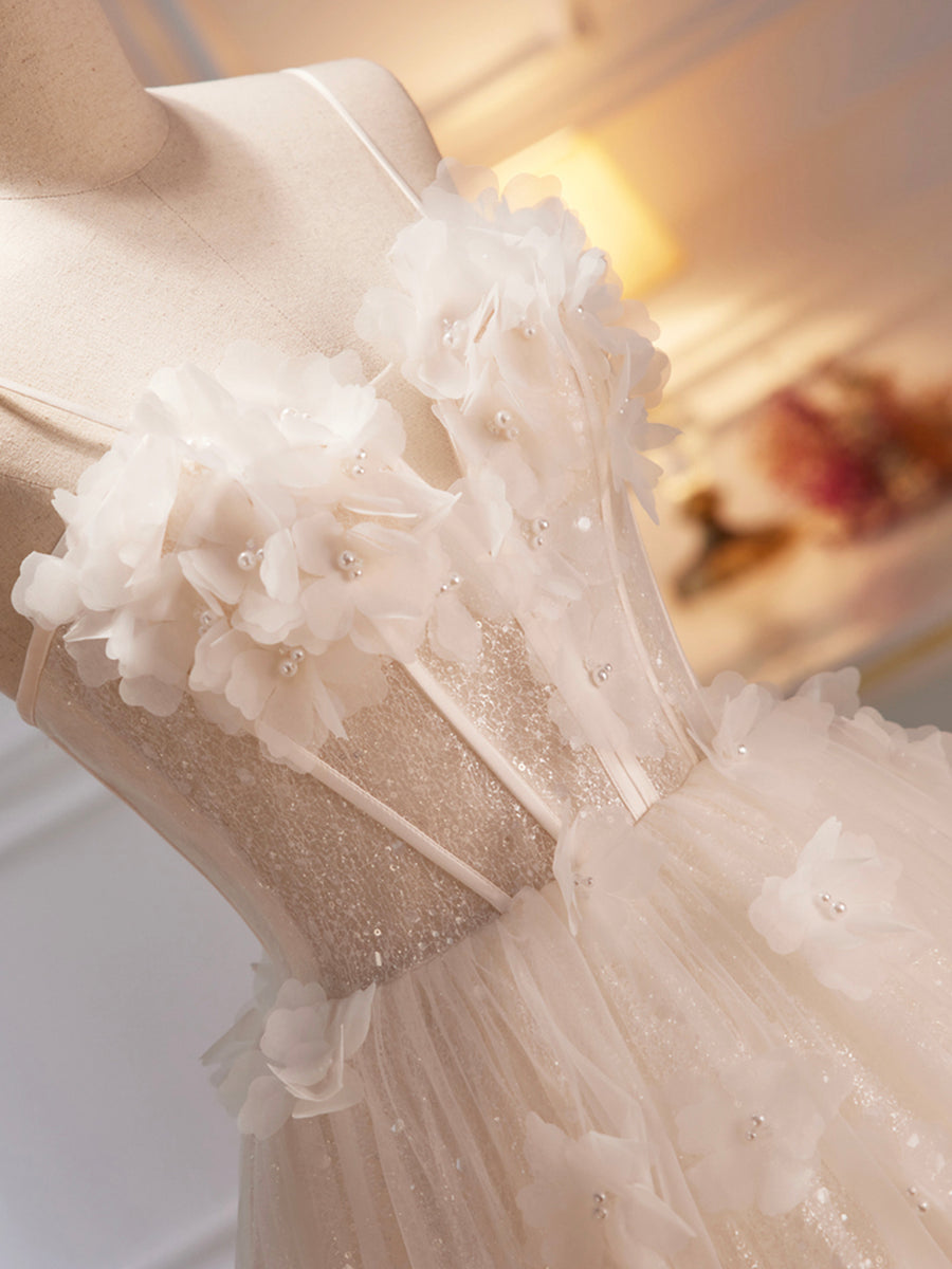 Luolandi Spaghetti Strap Tulle Champagne Long Prom Dress Evening Party Dress