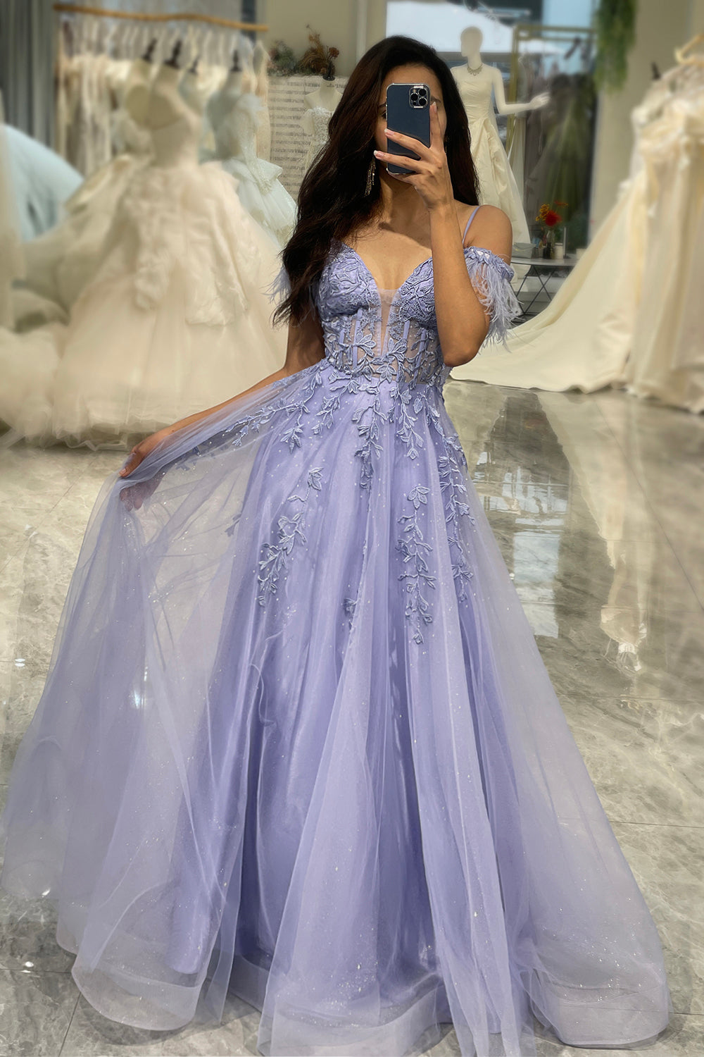 Luolandi Sparkly Lilac A Line Tulle Long Corset Prom Dress With Appliques Beautiful