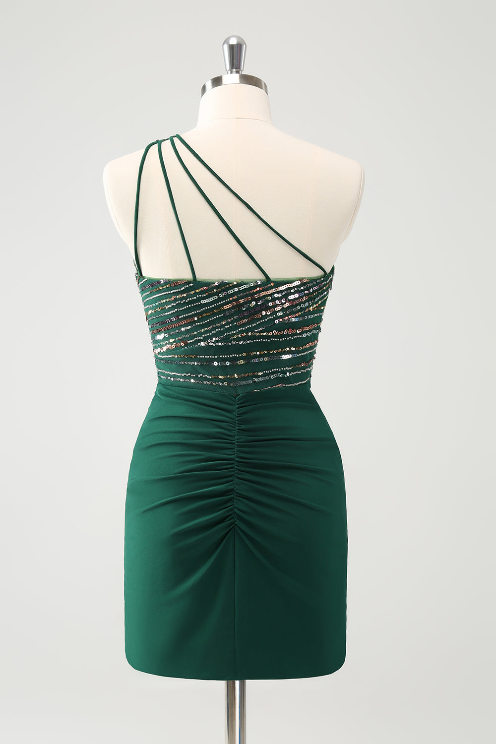 Luolandi Sparkly Dark Green Bodycon One Shoulder Pleated Short Homecoming Dress with Sequins Sexy