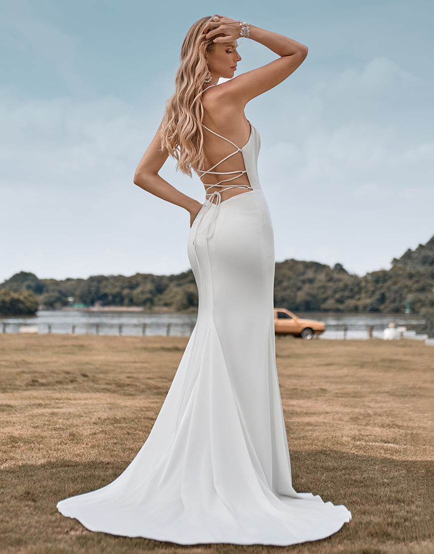 Luolandi Ivory Mermaid Cowl Neck Simple Sweep Train Wedding Dress Floor Length Pure Color