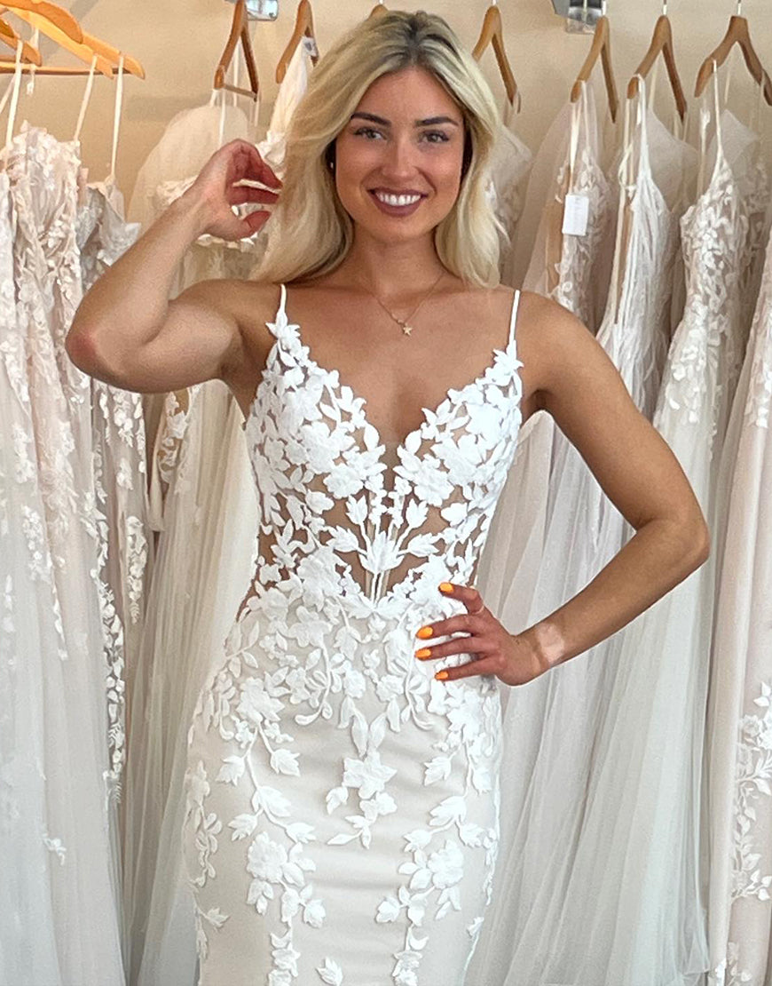 Luolandi Mermaid Spaghetti Straps Backless Sweep Train Wedding Dress V-neck Sexy