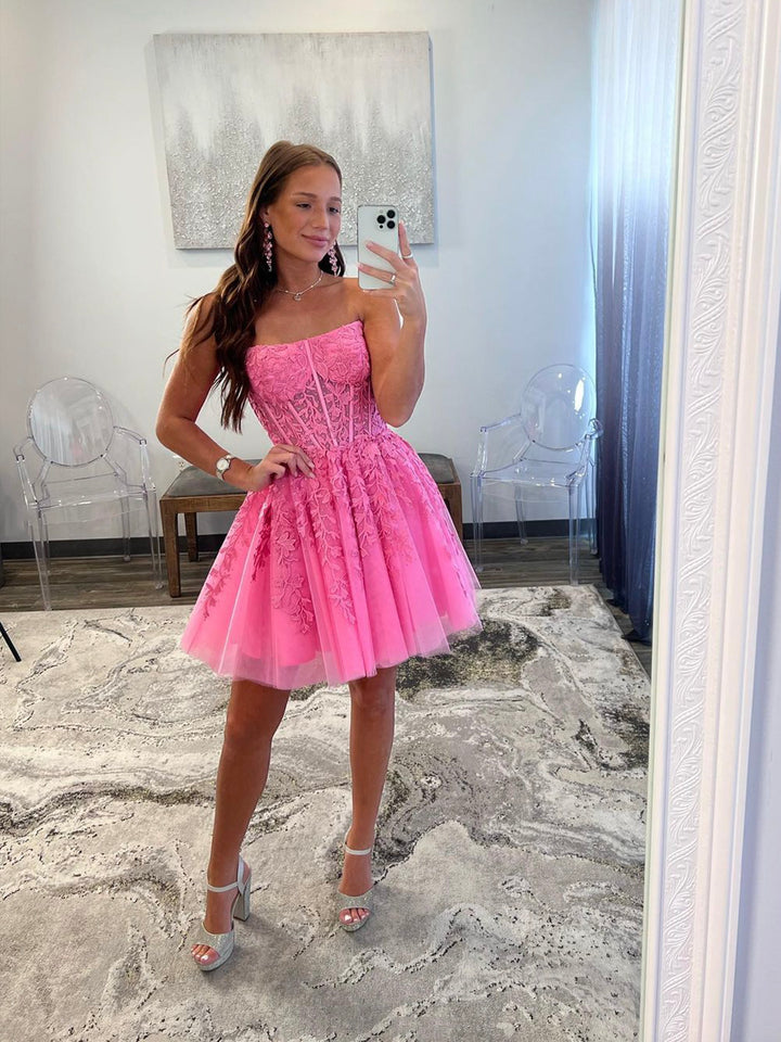 Luolandi Hot Pink Strapless Tulle Lace Knee Length Prom Dress Cute A-Line Homecoming Party Dress