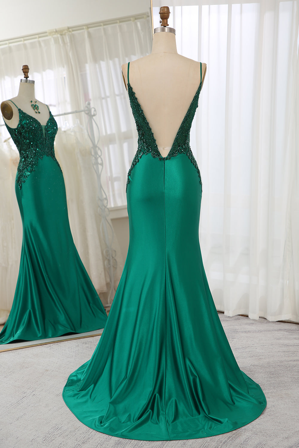 Luolandi Glitter Dark Green Mermaid Backless Prom Dress With Beaded Appliques Sexy Evening Dresses