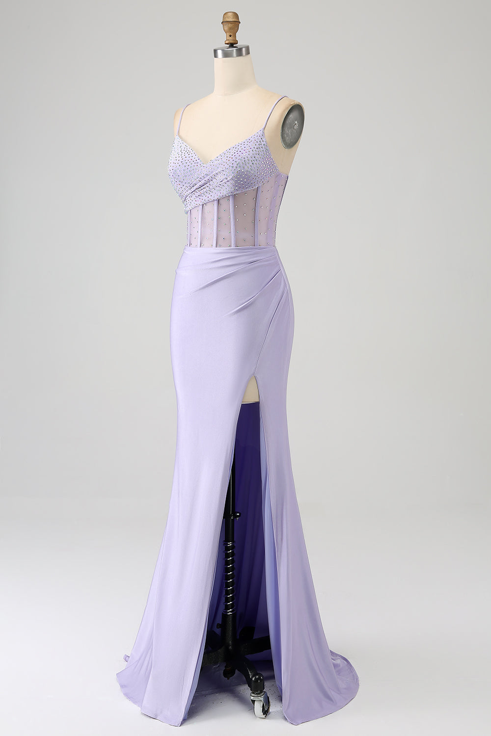 Luolandi Lavender Mermaid Cutout Glitter Corset Satin Prom Dresses with Pleated Split Sexy Evening Dresses