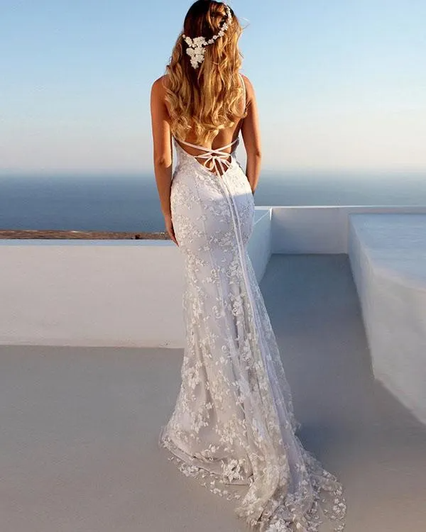 Luolandi Ivory Elegent Lace V-Neck Sleeveless Long Wedding Dress Open Back Sexy