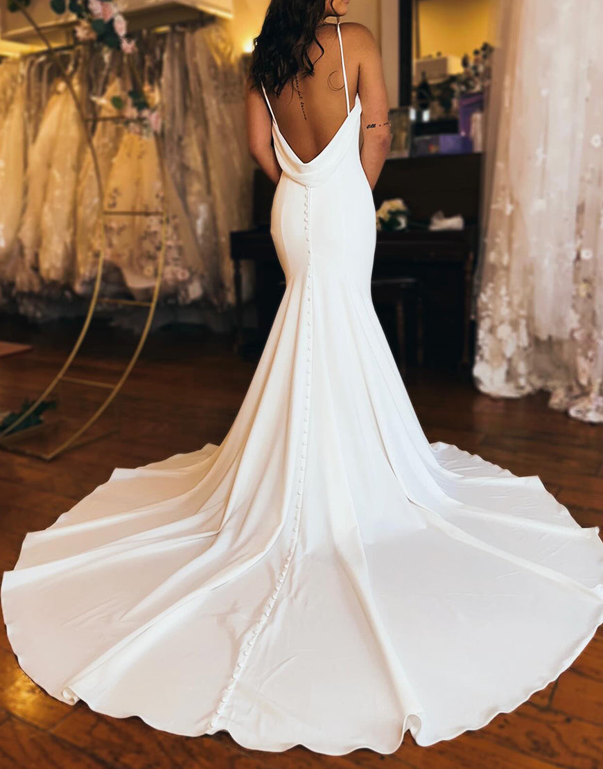 Luolandi Ivory Mermaid Simple V Neck Satin Wedding Dress Open Back Pure Color Sexy