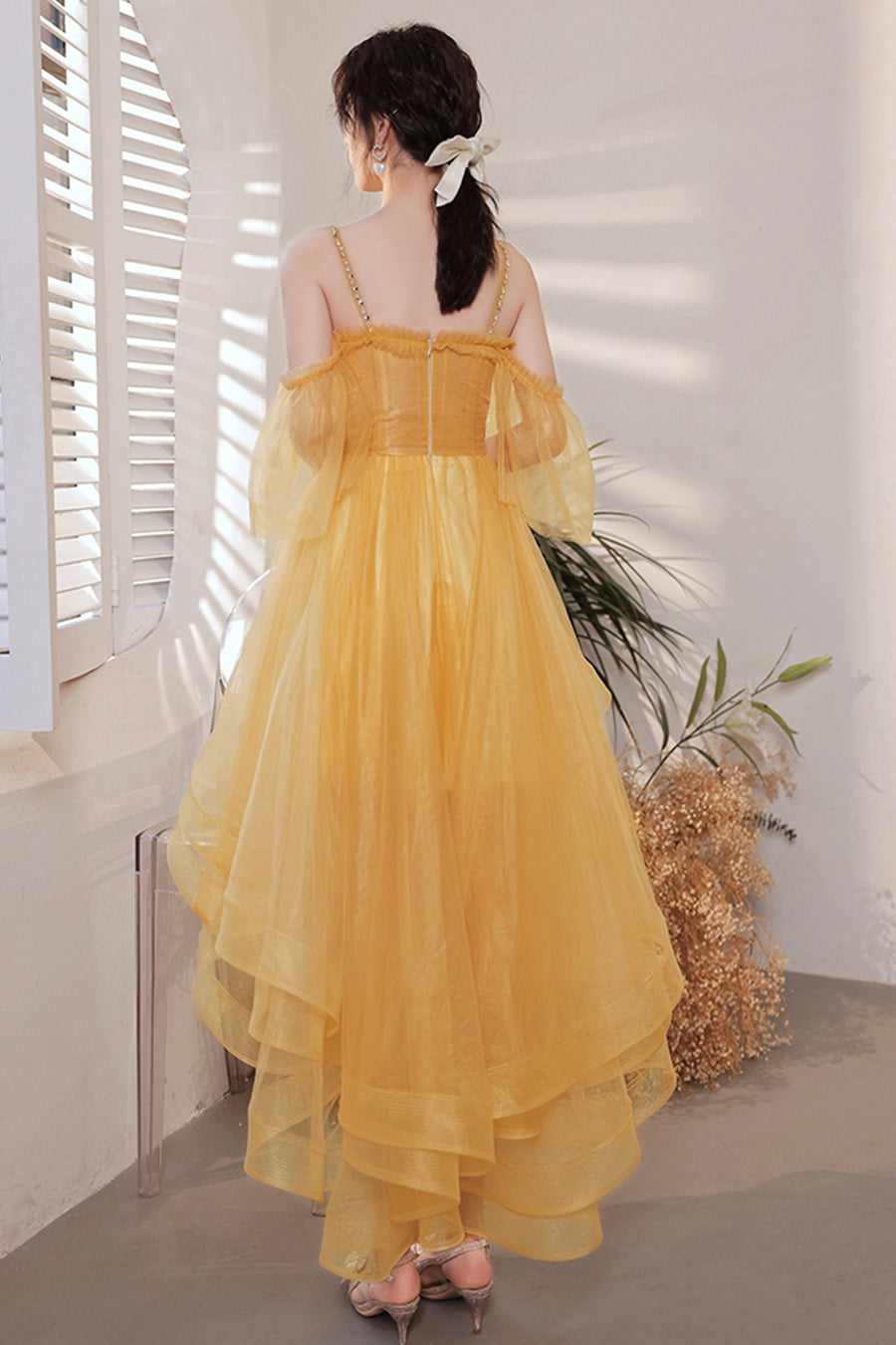 Luolandi Yellow Tulle High Low Prom Dresses A-Line Evening Dresses Short Graduation Dress