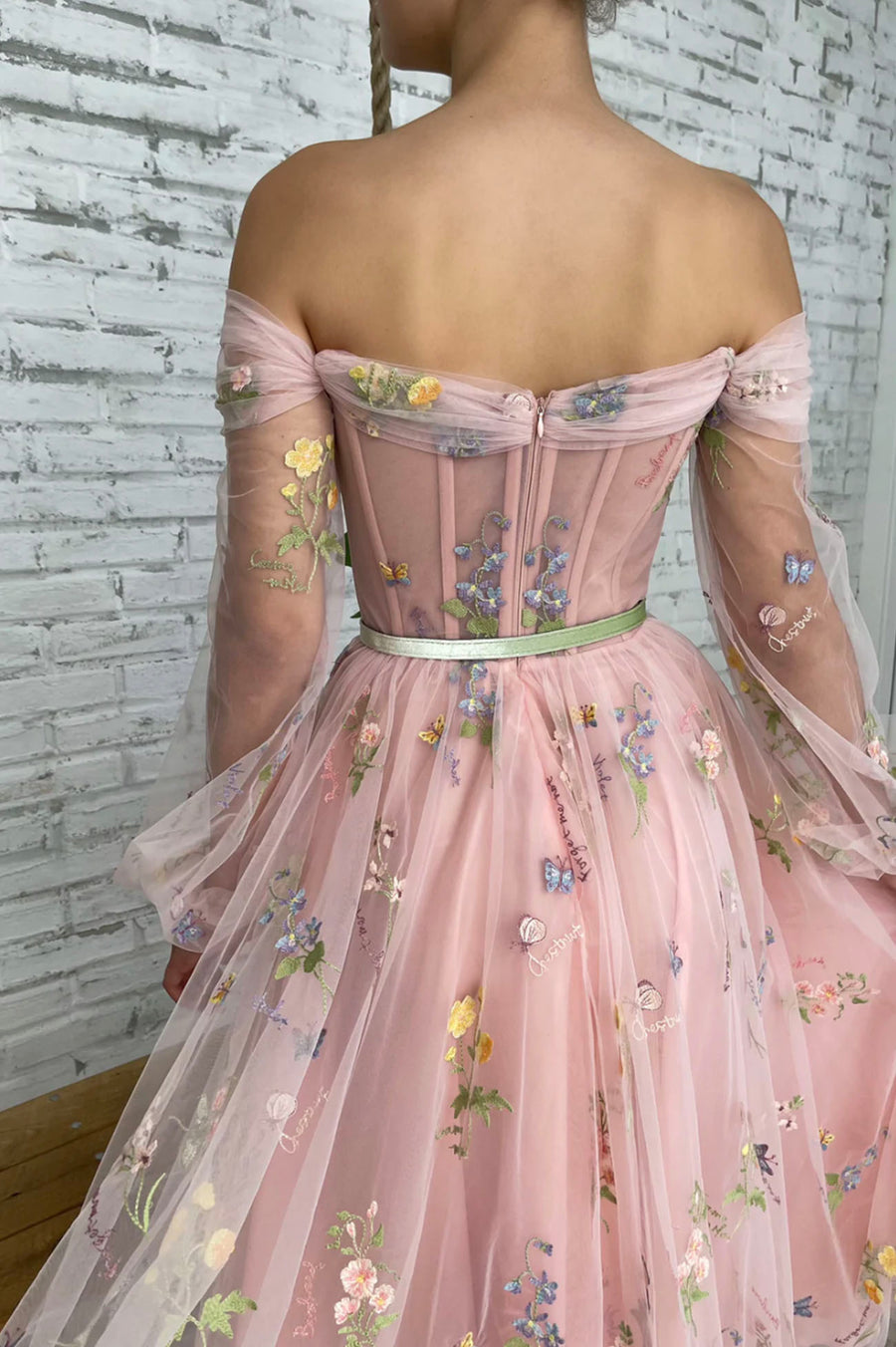 Luolandi Pink Lace Long Sleeve Prom Dres Cute A-Line Off the Shoulder Evening Dress With Flowers