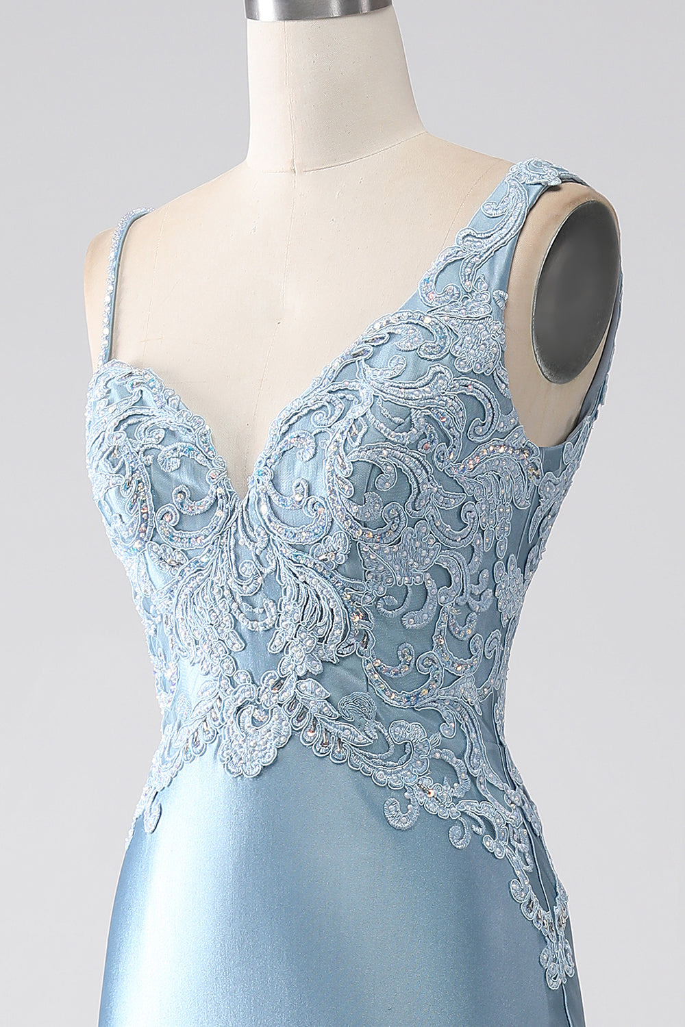 Luolandi Grey Blue Mermaid Spaghetti Straps Long Beaded Prom Dress With Appliques Sexy Evening Dresses