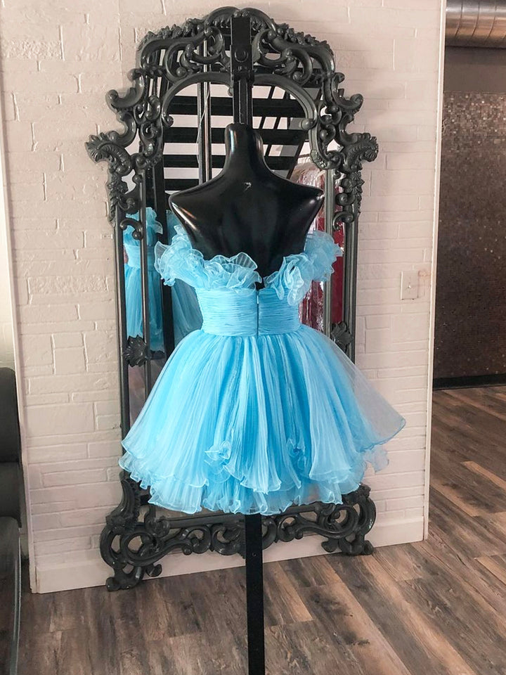 Luolandi Blue Strapless A-Line Short Prom Dress Organza Pleated Ruffle Tiered Homecoming Dress