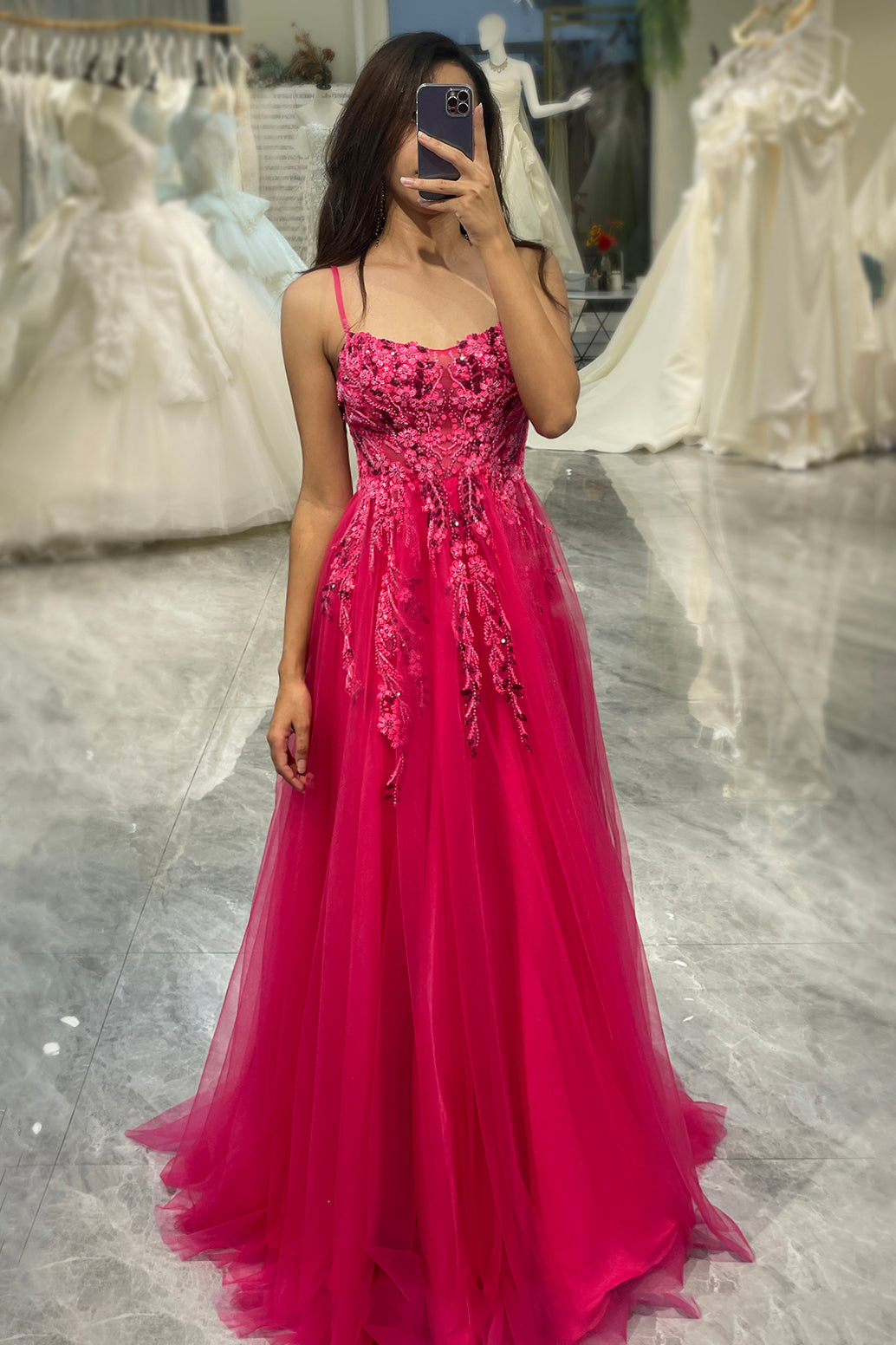 Luolandi A Line Fuchsia Spaghetti Straps Tulle Long Prom Dress With Appliques Beautiful