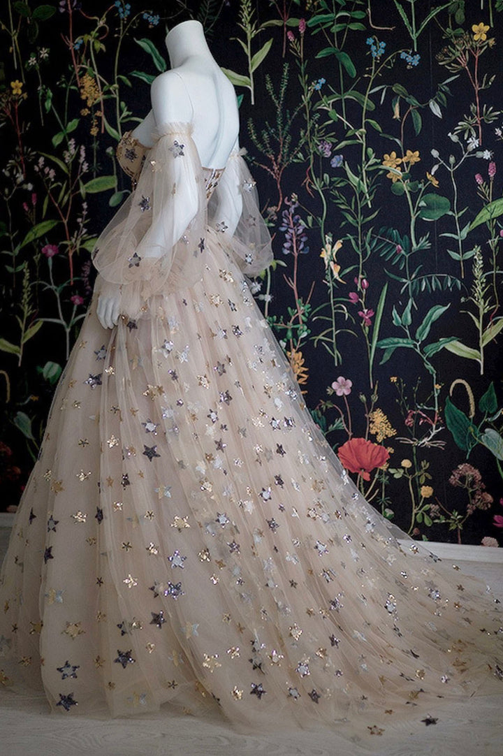 Luolandi Champagne Tulle Long Prom Dress Off the Shoulder Evening Dress with Stars Sexy