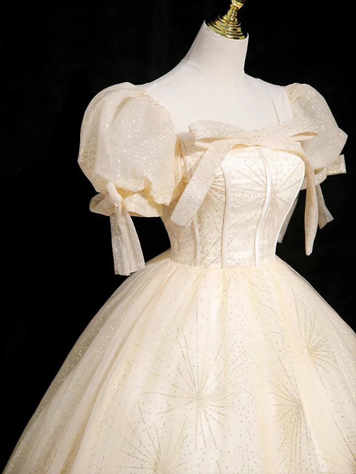 Luolandi Champagne Tulle Floor Length Prom Dress Cute Short Sleeve Evening Party Dress Beautiful