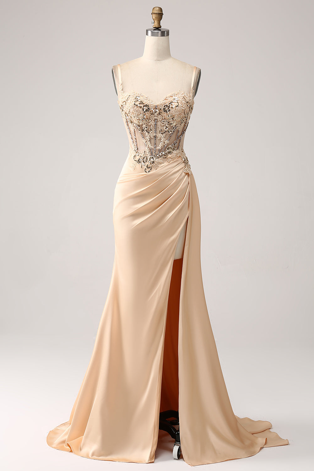 Luolandi Elegant Champagne Mermaid Pleated Satin Prom Dress With Appliques Sexy With Slit