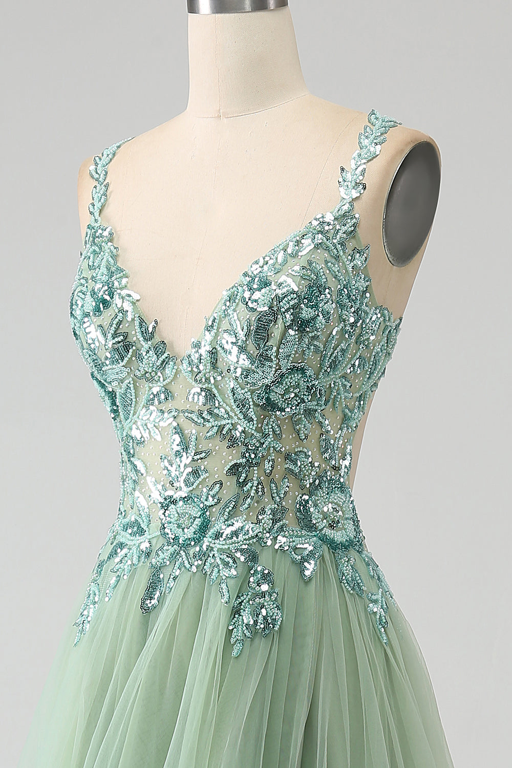 Luolandi Gorgeous Light Green A Line Spaghetti Straps Long Prom Dress with Appliques V-neck