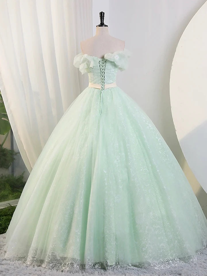 Luolandi Beautiful Green Tulle Long Prom Dresses A-Line Off the Shoulder Evening Part Dresses Sexy