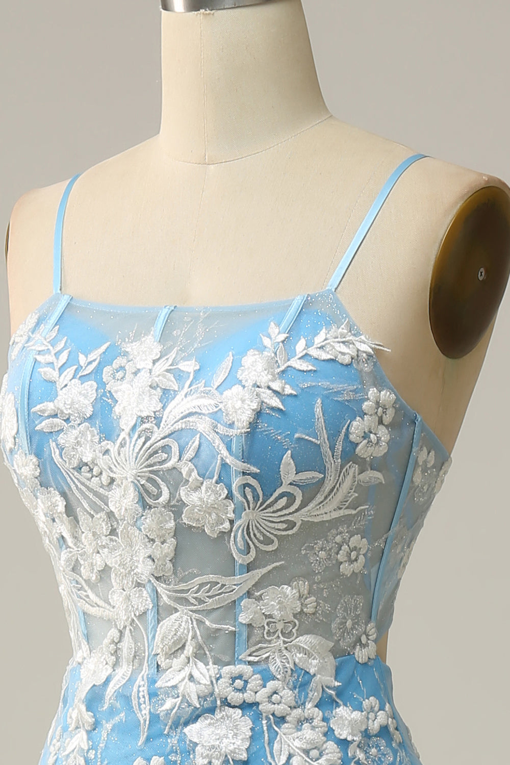 Luolandi Blue Mermaid Spaghetti Straps Long Prom Dress with Appliques Floor Length With Flowers