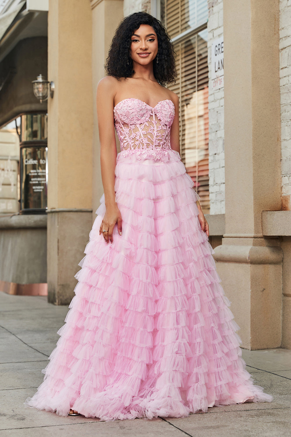 Luolandi Pink A Line Sweetheart Pleated Tiered Long Prom Dress Off Shoulder Floor Length