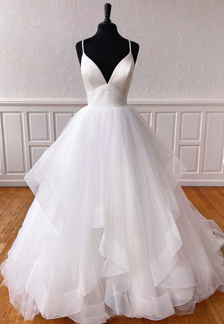 Luolandi Plunging V-Neck Tulle Long Prom Dresses Evening Dresses Wedding Dress