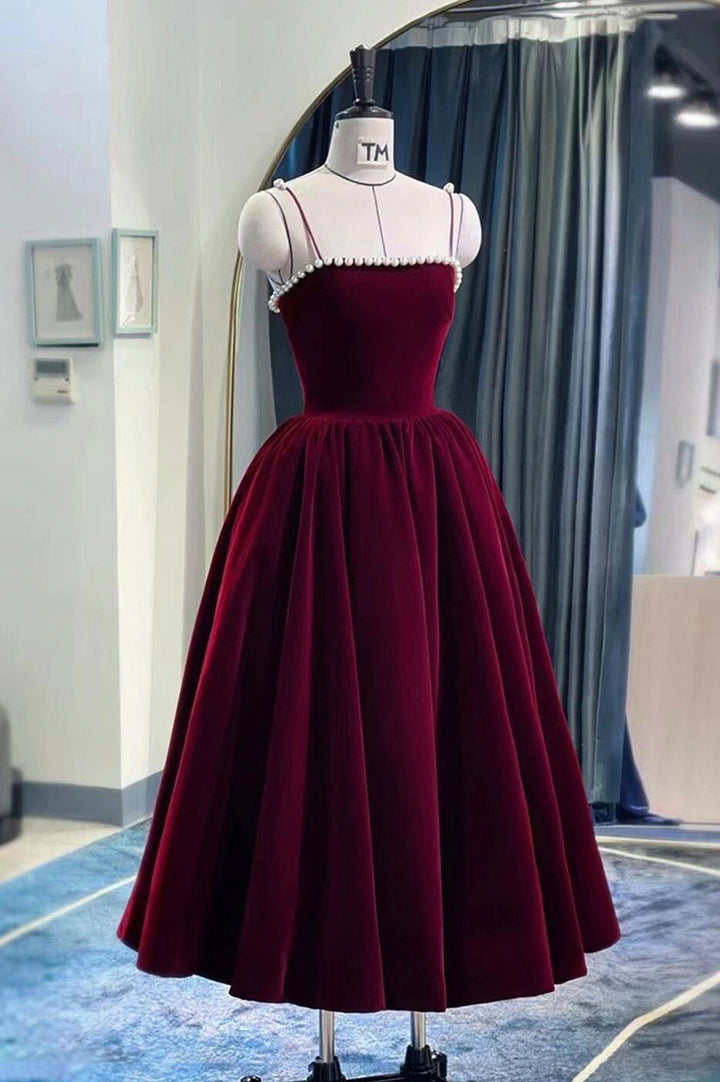 Luolandi Burgundy Velvet Short Prom Dress A-Line Party Dress with Pearls Evening Dresses