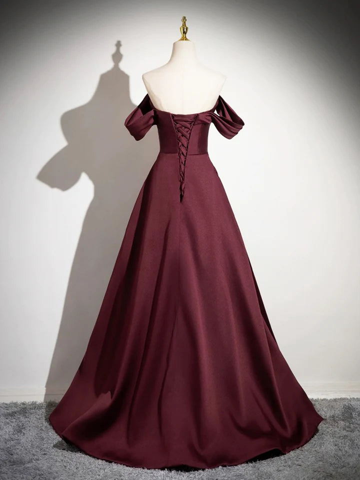 Luolandi Dark Burgundy Satin Long Prom Dress A-Line Off the Shoulder Evening Party Dress Sexy