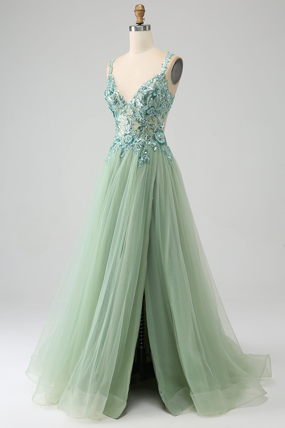 Luolandi Gorgeous Light Green A Line Spaghetti Straps Long Prom Dress with Appliques V-neck