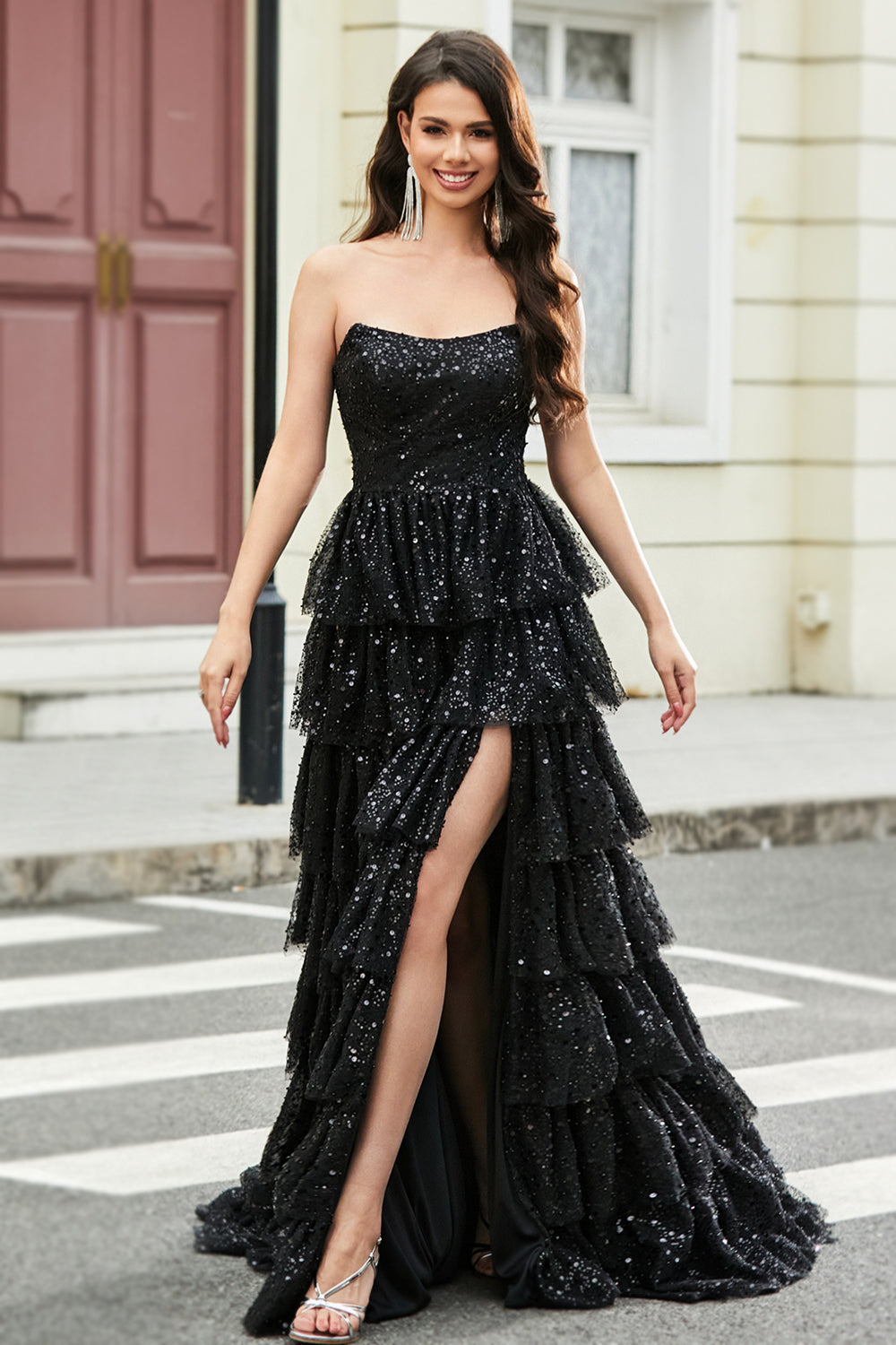 Luolandi Stylish Black A Line Strapless Sequins Tiered Long Prom Dress with Ruffles Off Shoulder Sparkly