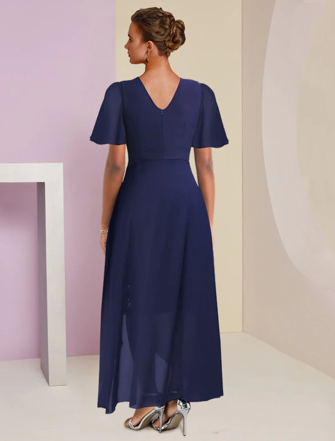 Luolandi Sheath / Column Mother of the Bride Dress Formal Wedding Guest Elegant Scoop Neck Asymmetrical Tea Length Chiffon Lace 3/4 Length Sleeve