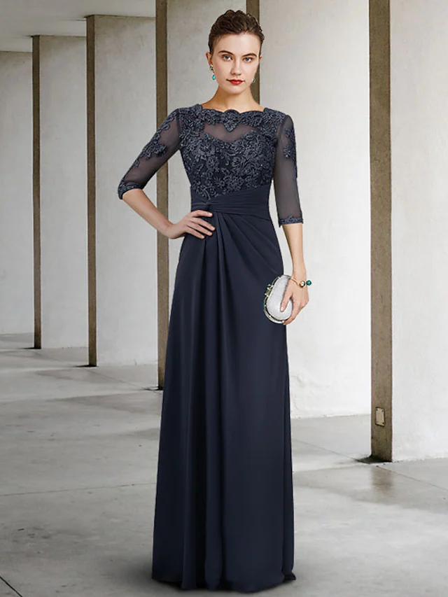 Luolandi Mother of the Bride Dress Elegant Jewel Neck Floor Length Chiffon Lace Half Sleeve with Pleats