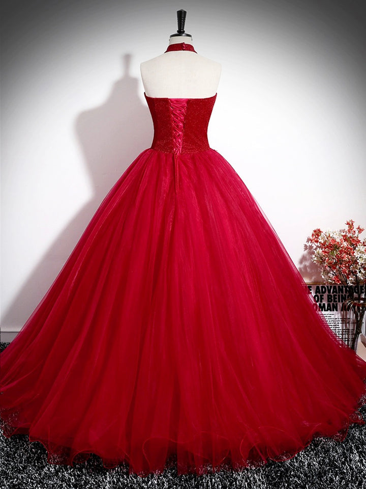 Luolandi Red A-Line Halter Long Prom Dress Backless Evening Formal Dress Floor Length