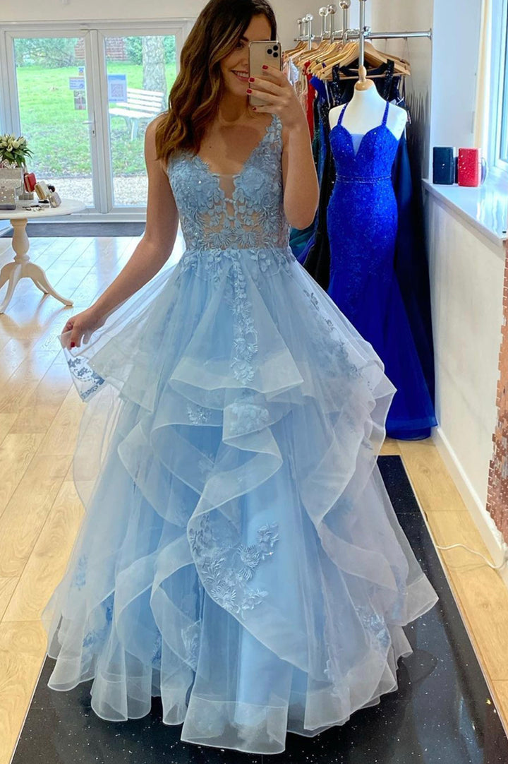 Luolandi Blue V-Neck Lace Long Prom Dresses A-Line Blue Formal Evening Dresses Party Dress