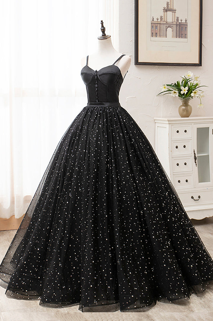 Luolandi Black Tulle Long A-Line Long Prom Dresses Black Evening Party Dresses Sexy