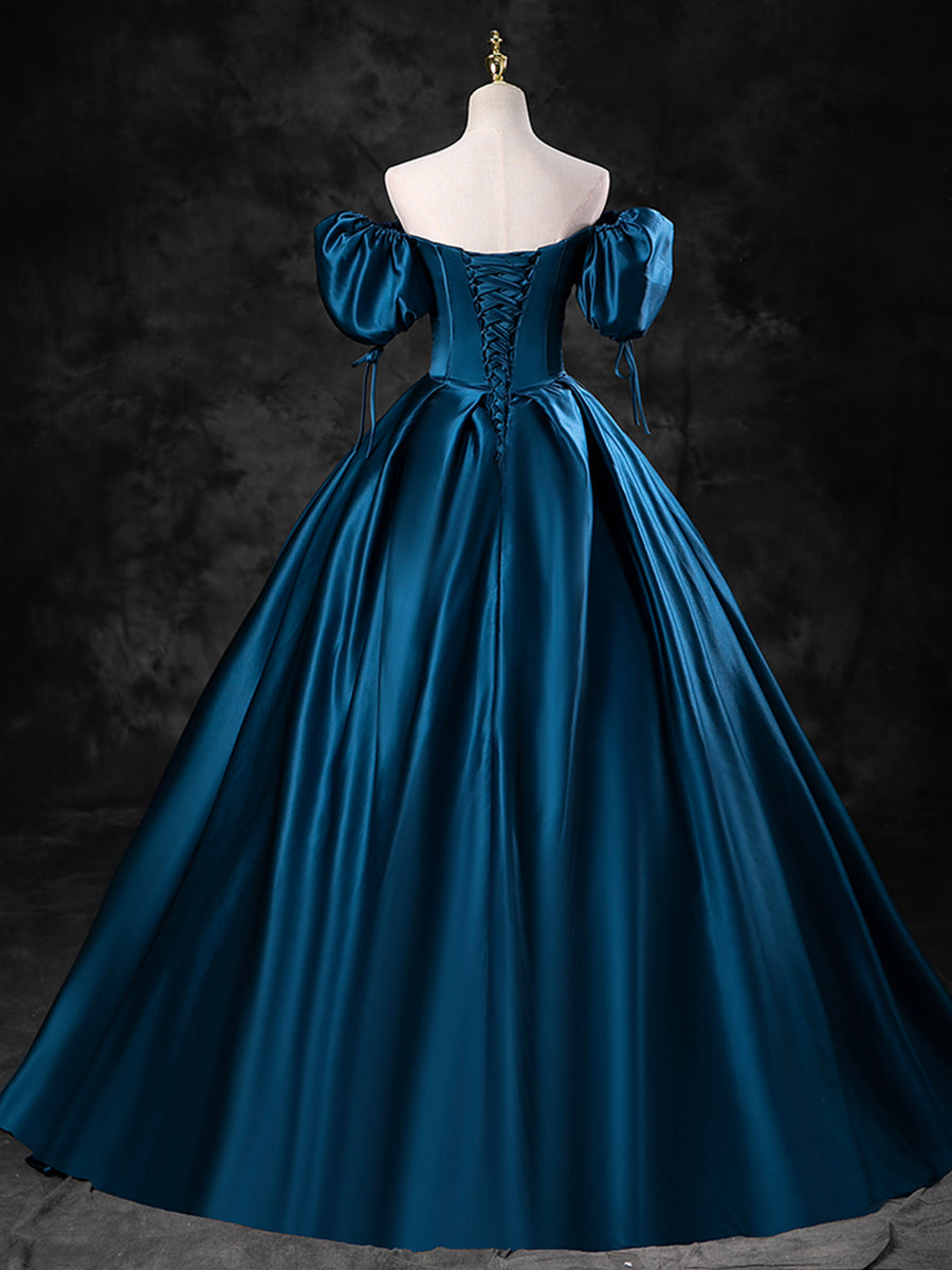 Luolandi Blue Satin Off the Shoulder Floor Length Prom Dress A-Line Party Dress