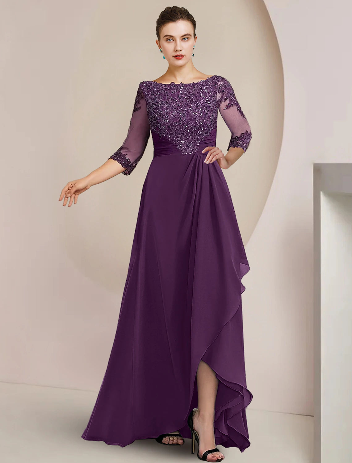 Luolandi A-Line Mother of the Bride Dress Formal Wedding Guest Elegant High Low Scoop Neck Asymmetrical Floor Length Chiffon Lace 3/4 Length Sleeve with Beading