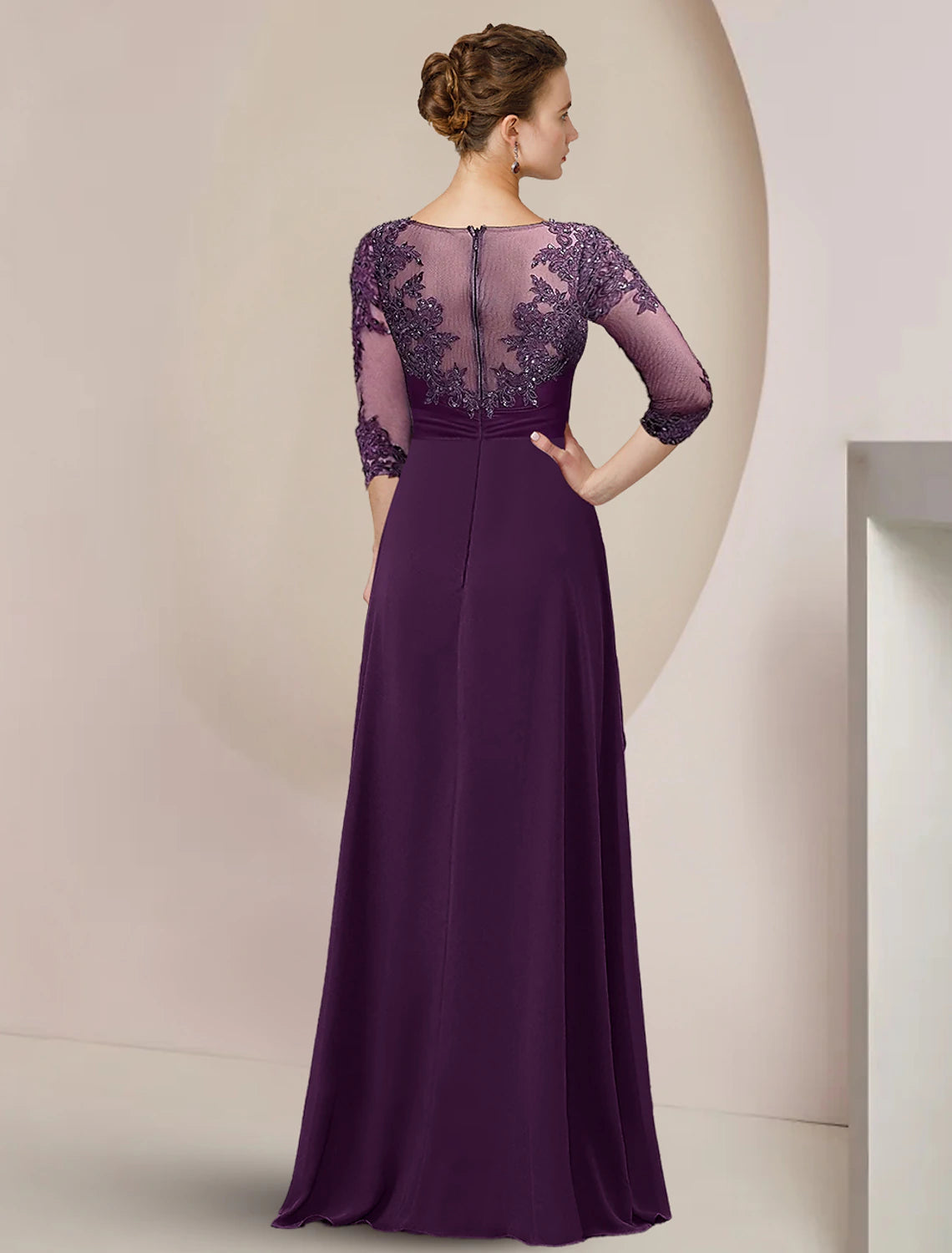 Luolandi A-Line Mother of the Bride Dress Formal Wedding Guest Elegant High Low Scoop Neck Asymmetrical Floor Length Chiffon Lace 3/4 Length Sleeve with Beading