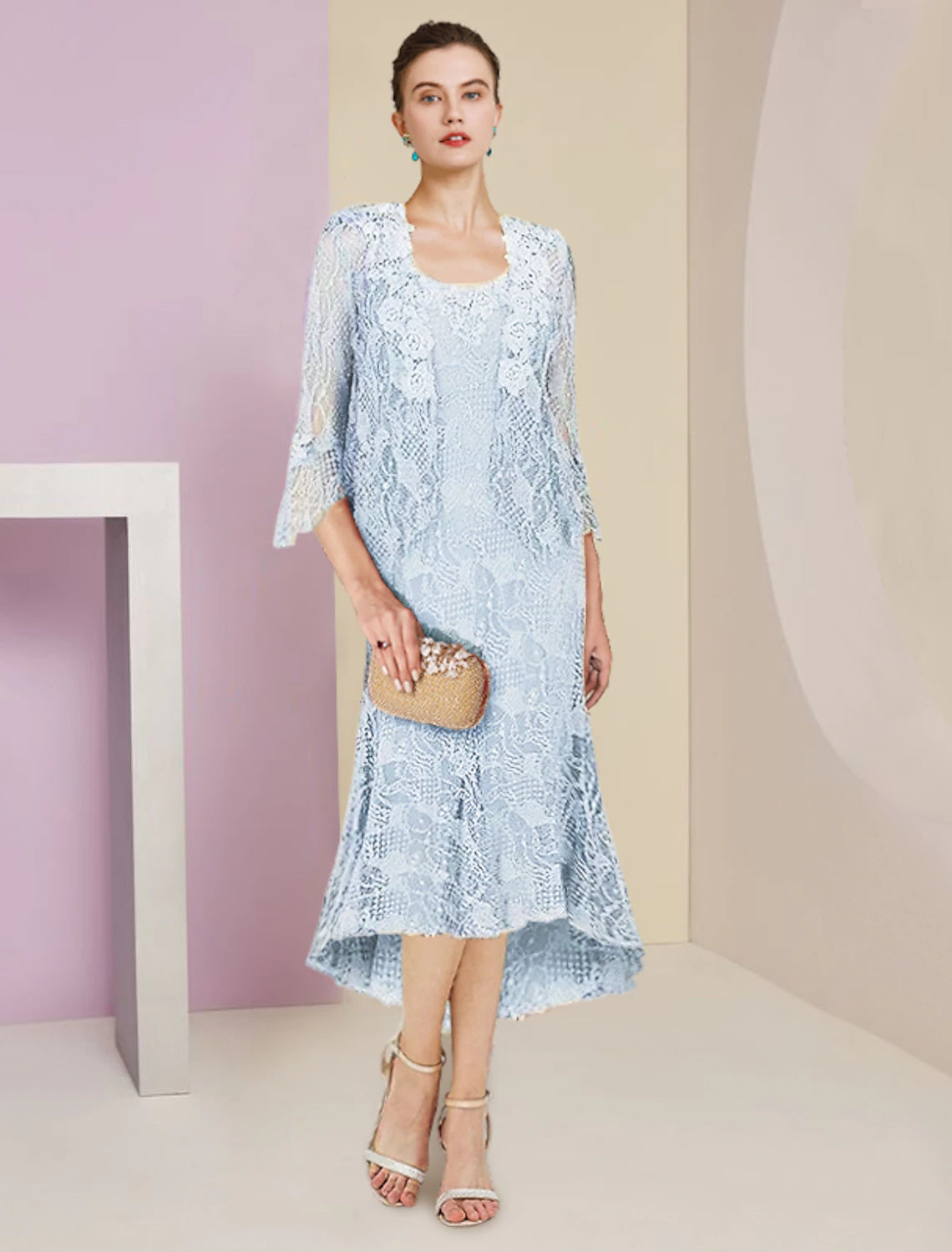 Luolandi Two Piece Mermaid / Trumpet Mother of the Bride Dress Formal Wedding Guest Elegant High Low Scoop Neck Asymmetrical Tea Length Lace Sleeveless Wrap Included