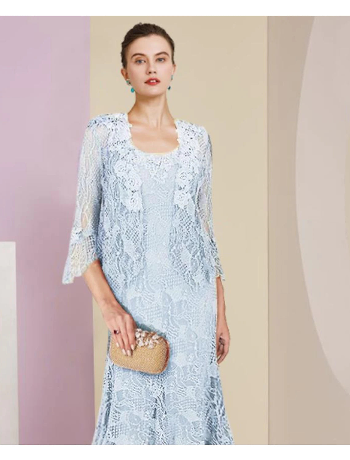 Luolandi Two Piece Mermaid / Trumpet Mother of the Bride Dress Formal Wedding Guest Elegant High Low Scoop Neck Asymmetrical Tea Length Lace Sleeveless Wrap Included