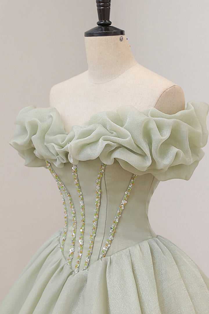Luolandi Green Ball Gown A-Line Off the Shoulder Evening Gown with Beaded Floor Length