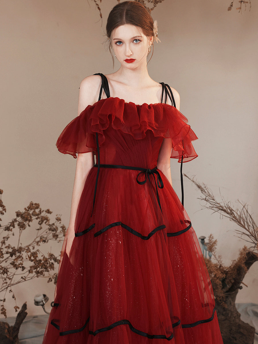 Luolandi Burgundy Tulle Long Prom Dresses Off Shoulder Evening Party Dresses