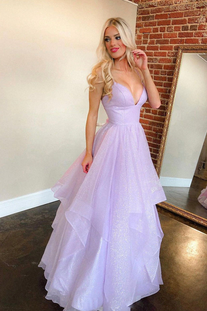 Luolandi Purple V-Neck Tulle Long Prom Dress A-Line Evening Party Dress Sexy
